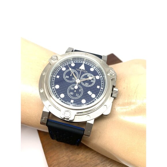 Nautica Men's Watch A35090 Quartz Chronograph Black Blue Rubber Strap 45mm - Picture 5 of 14